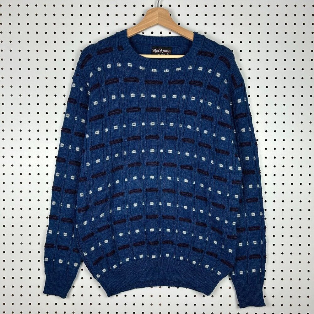 Reed St James Blue Knit Sweater Large Grandpa 90s USA Striped‎ Pattern Chunky